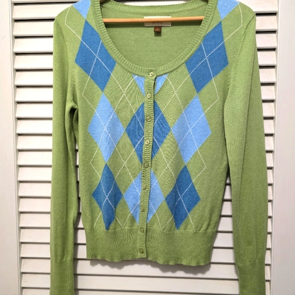 Sonoma Sweaters - Sonoma Women's Argyle Cardigan M Green Blue EUC Preppy Spring Lightweight